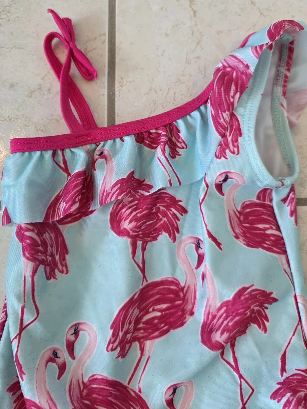 Girls One-Shoulder Flamingo Print Swim Suit - Pink on Light Blue